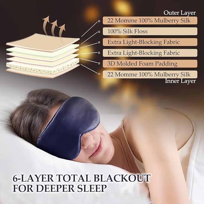 100% Pure Mulberry Silk Sleep Mask, 3D Contoured Cup Eye Mask for Sleeping, 22 Momme Super Soft Breathable Blindfold, Adjustable Blackout Travel Silk Eye Cover Blue