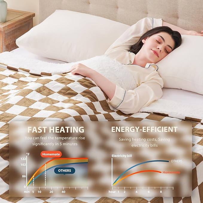 Homemate Electric Blanket Heated King Size - 100“x90“ Ultra Soft Cozy Flannel Heating Blanket with 10 Fast Heat Levels 8 Hours Auto Off Over-Heated Protection ETL Certification Keep Warm in Home