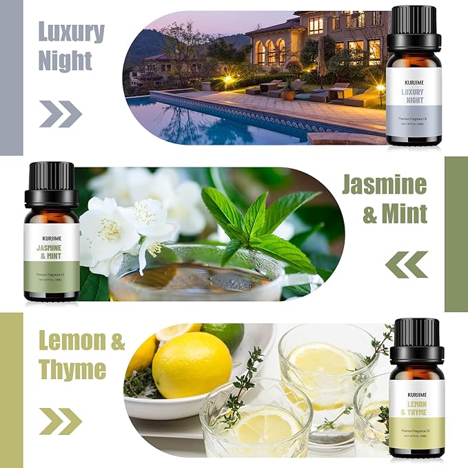 Fragrance Oils, Hotel Collection Diffuser Oil, Luxury Hotel Essential Oil Set for Diffuser, Soap & Candle Making Scents - Luxury Night, Jasmine & Mint, Lemon & Thyme, White Tea, Floral Citrus, My Way