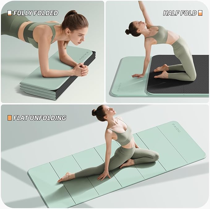 Foldable Fitness Yoga Mat | 2/5" (10MM) Extra Thick | SGS Certified Non-Slip TPE | 75x26" Extra Long-Wide | Portable & Easy Store | for Yoga, Pilates, Home Gym & Full-Body Workouts