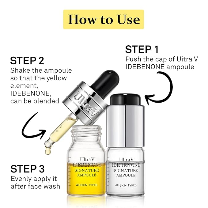 Ultra V Idebenone Signature Ampoule - Anti Aging Antioxidant Serum – Peptides, Niacinamide, Hyaluronic Acid – Anti Wrinkle, Smoothes, Softens Skin - 0.27 fl.oz 4 Packs 12,000ppm