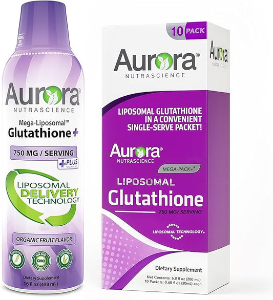 Aurora Nutrascience Mega-Liposomal Glutathione + VIT C Bottle & Liquid Glutathione 10 Serving Packs Bundle - 750mg/serving