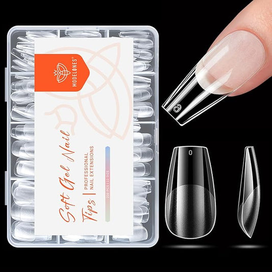 modelones Medium Coffin Nail Tips, Pre-shaped Soft Gel Tips Fake Nails False Acrylic Clear Full Cover Press on Extension Kit Gel Manicure DIY at Home 216PCS 12Sizes
