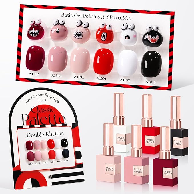 Double Rhythm 6 Pcs 15 ML Gel Polish Set Same Color Same Bottle Soak Off Gel Polish Kit Nail Art Manicure Salon DIY at Home for Women (Black White Red Nude Burgundy Peach-T6-71)