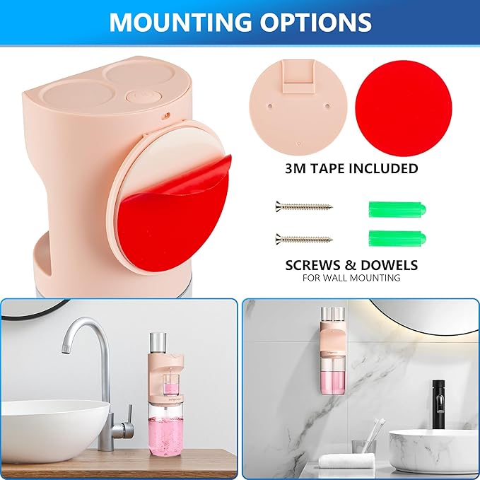 Automatic Mouthwash Dispenser for Bathroom,Bathroom Accessories 19.4 Fl Oz Dispensers with Magnetic Cups,Wall Mounted Dispenser,Suitable for All Age Groups,Pink