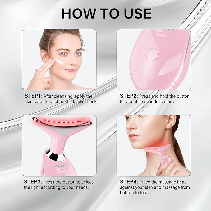 Neck&Face Massager with 7 Colors-Multi-Functional Skincare Tool,Home Beauty Device for Wrinkles&Relaxation (Pink)