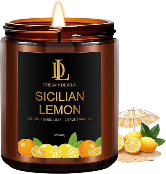 Sicilian Lemon Candles, 7oz Sicilian Lemon Scented Candle, Natural Soy Candles for Home Scented, Long Lasting with 50 Hour Burn Time, Gifts for Men Women