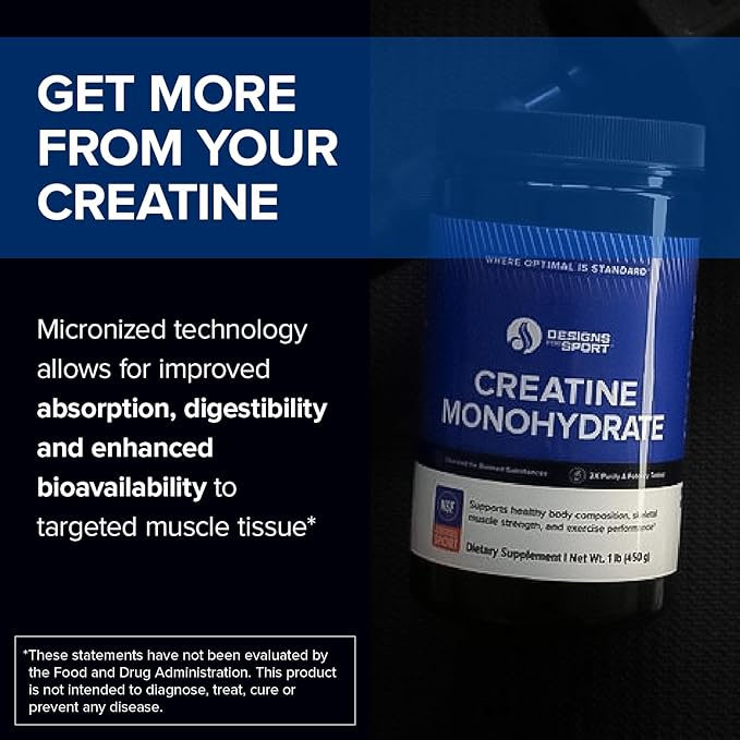 Designs for Sport Creatine Monohydrate Powder - NSF Certified for Sport Creatine Supplement to Support Muscle Recovery, Pre + Post Workout Strength and Energy (1 lb / 90 Servings)