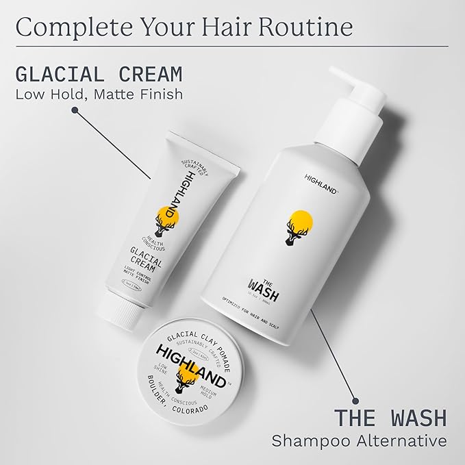 Highland Glacial Hair Clay Pomade - Award winning hair styling clay for men and women made with 100% all natural and organic ingredients that promote hair and scalp health. Low shine, Medium Hold.