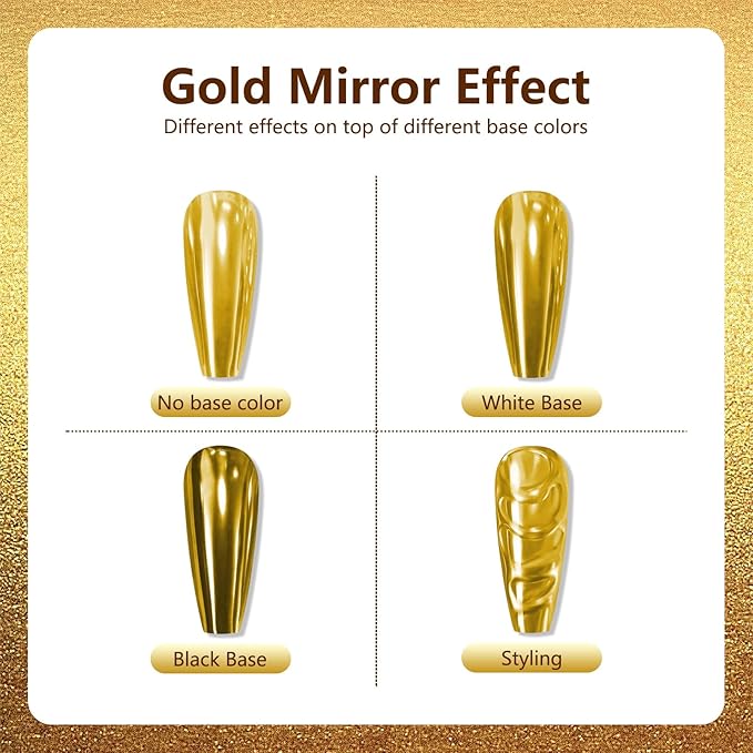 Holographic Mirror Gold Nail Chrome Powder Effect Metallic Dust Sequins UV Gel Gold Chrome Nail Powder Pigment for Nail Art Decoration, Gold Chrome Powder for Nails