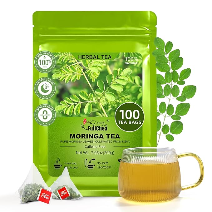FullChea - Moringa Tea Bags, 100 Count - Pure & Natural Rosabella Moringa Leaves, Cultivated From India - Caffeine-free Herbal Tea for Supporting Digestion & Immune System - Non-GMO