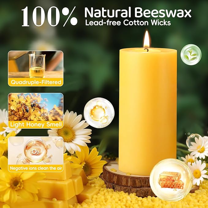 4 Pack Natural Beeswax Pillar Candles,100% Pure Beeswax Candles-380 Hours Long Burning,2.8x6in Unscented Bees Wax Candle for Home,Prayer,Emergency,Dripless Smokeless Organic Pillar Candle Bluk