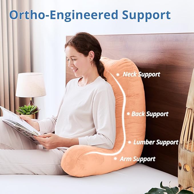 Sasttie 25-inch Reading Pillows for Sitting in Bed Adult, Jumbo Velvet Back Pillow Bed Sitting Up, XL High Back-Rest Support Cushion for Sit Up on Couch & Floor, Oeko-Tex Certified, Light Salmon