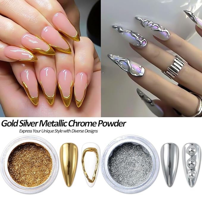 Chrome Nail Powder and 3D Nail Gel Kit, Metallic Mirror Glitter Effect Chrome Powder For Nail Art, Holographic Aurora Iridescent Dip Dust Pigment and 10g Sculpting Gel Set for Nail Decor DIY