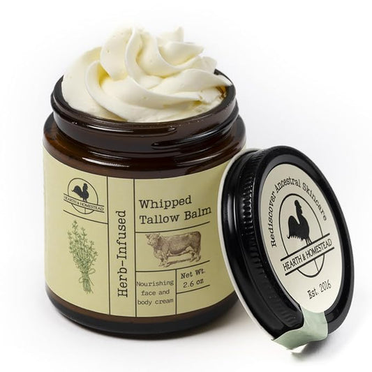 Hearth and Homestead: Handmade Whipped Tallow Balm (Herb-Infused/Unscented) - Large Jar - 2.6 oz