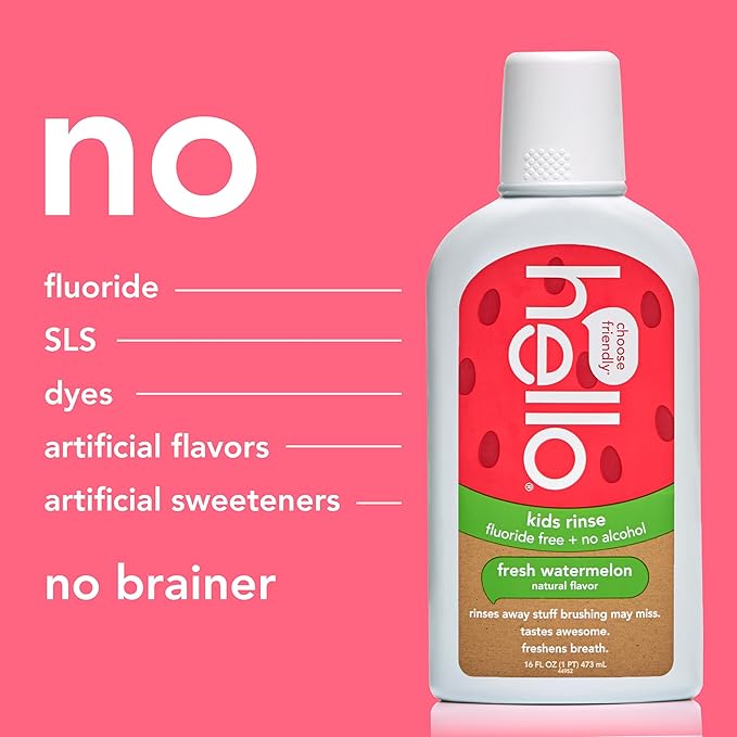 Hello Natural Watermelon Flavor Kids Fluoride Free Rinse, Alcohol Free, Vegan, SLS Free, Mouthwash for Kids Age 6 and Up, 16 Fl Oz (Pack of 3)