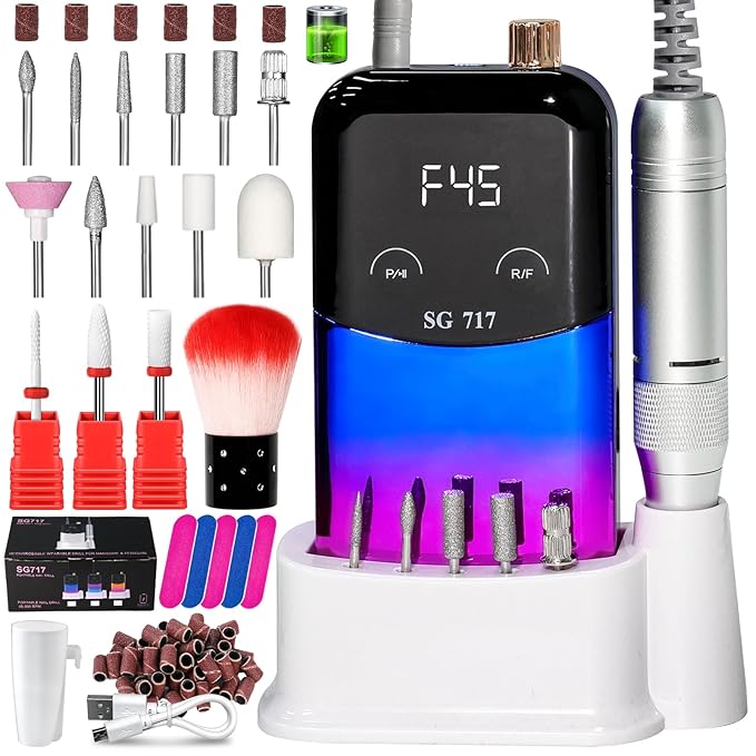 LIMEGIRL Professional Electric Nail File Drill Bits Kit 45000RPM for Acrylic Toenail Machine Clippers with 14 Drill Bit Gradient Blue Portable Rechargeable Cordless