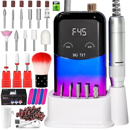 LIMEGIRL Professional Electric Nail File Drill Bits Kit 45000RPM for Acrylic Toenail Machine Clippers with 14 Drill Bit Gradient Blue Portable Rechargeable Cordless
