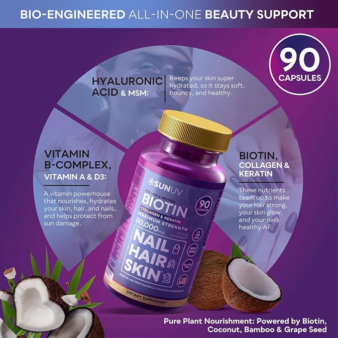 SUNUV Biotin 10000mcg with Collagen & Keratin - 80000mcg Hair Growth Vitamins for Women & Men,Skin & Nails Support - Hyaluronic Acid & Vitamins B1,B2,B3,B5,B6,B9,B12 -Made in USA-90 Capsules