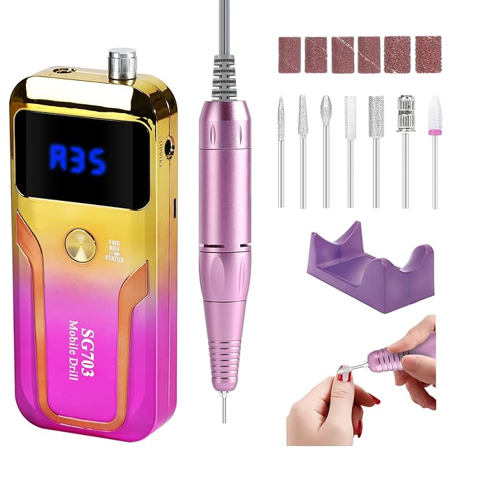 Portable Nail Drill Professional 35000 RPM, MOCOWIND Rechargeable Electric Nail File Machine E File for Acrylic Gel Polishing Removing, Cordless E-File with Bits Kit for Manicure Salon Home