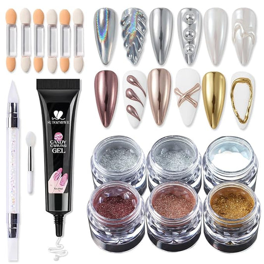Chrome Nail Powder and 3D Nail Gel Kit, Metallic Mirror Glitter Effect Chrome Powder For Nail Art, Holographic Aurora Iridescent Dip Dust Pigment and 10g Sculpting Gel Set for Nail Decor DIY