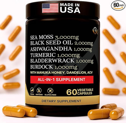 Sea Moss Capsules - Health Supplements - True Seamoss Black Seed Oil Ashwagandha Burdock Root, Tumeric Supplement with Manuka Honey, Dandelion Root ACV - 60 Capsules