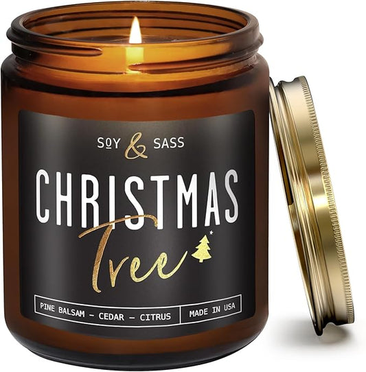 Christmas Tree Candles, Christmas Candles Scented - 'Christmas Tree' Soy Candle w/Balsam, Cedar & Citrus - Infused with Essential Oils I Balsam Pine Candle I 9oz, 50Hr, USA Made