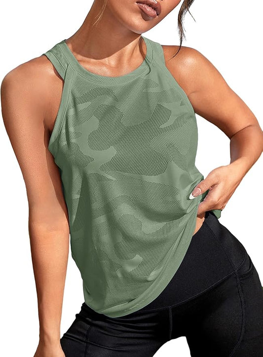 OYOANGLE Women's Camo Print Sleeveless Workout Shirts Exercise Running Tank Tops Active Gym Tops