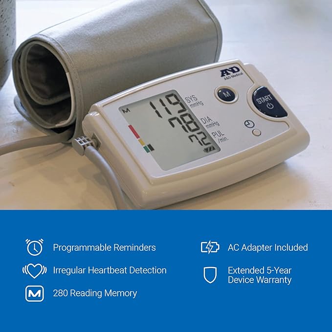 A&D Medical Blood Pressure Monitor for Home Use, UA787EJ Preformed Upper Arm Cuff (9.0-17" / 22-43cm), Easy to Use, One Touch Operation, Avg Memory, 3 Custom Reminders, Carrying Case, AC Adapter