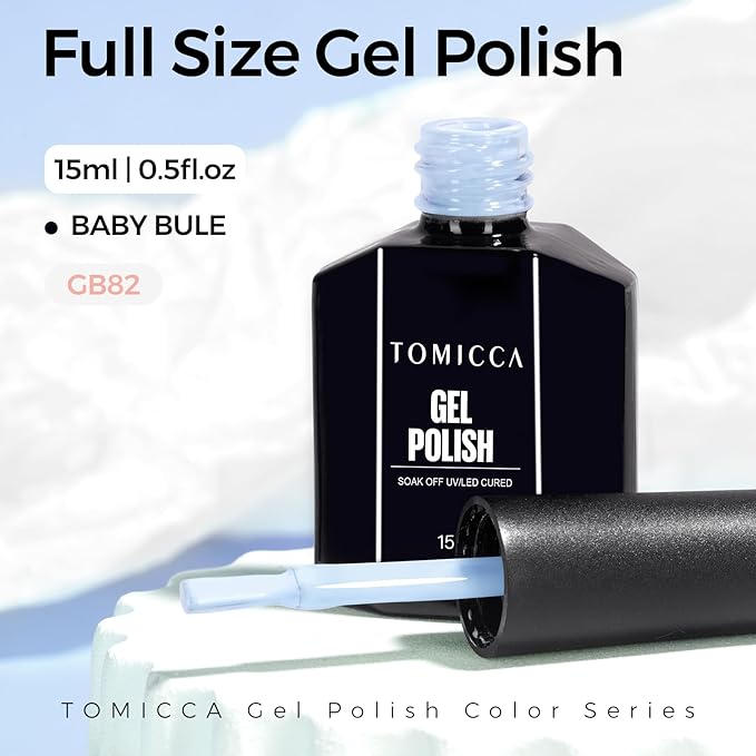 TOMICCA Baby Blue Gel Nail Polish - Pastel Blue, Bright Spring Summer Colors, Long Lasting Cotton Candy Finish