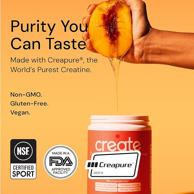 Create Creatine Monohydrate Gummies for Men & Women | 1.5g Creatine per Gummy for Muscle Strength, Endurance, Recovery, & Focus | Vegan, Non-GMO, Gluten-Free | Premium Sour Peach Flavor | 90 Count
