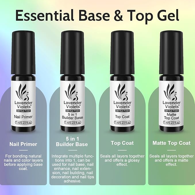 Lavender Violets 49 PCS Gel Nail Polish Set, 45 Colors Cat Eye Reflective Glitter Gel Polish with Nail Primer, Base Coat, Glossy & Matte Top Coat Jelly Nude Red Brown Gifts for Women