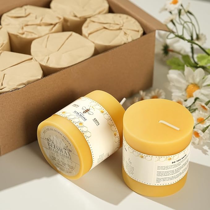 6 Pack Natural Beeswax Candles,270 Hours Long Burning-Bees Wax Candles for Home,100% Pure Beeswax Pillar Candle for Emergency,Paryer,Parties,Unscented Dripless Smokeless Pillar Candle Bulk 2.8x3in