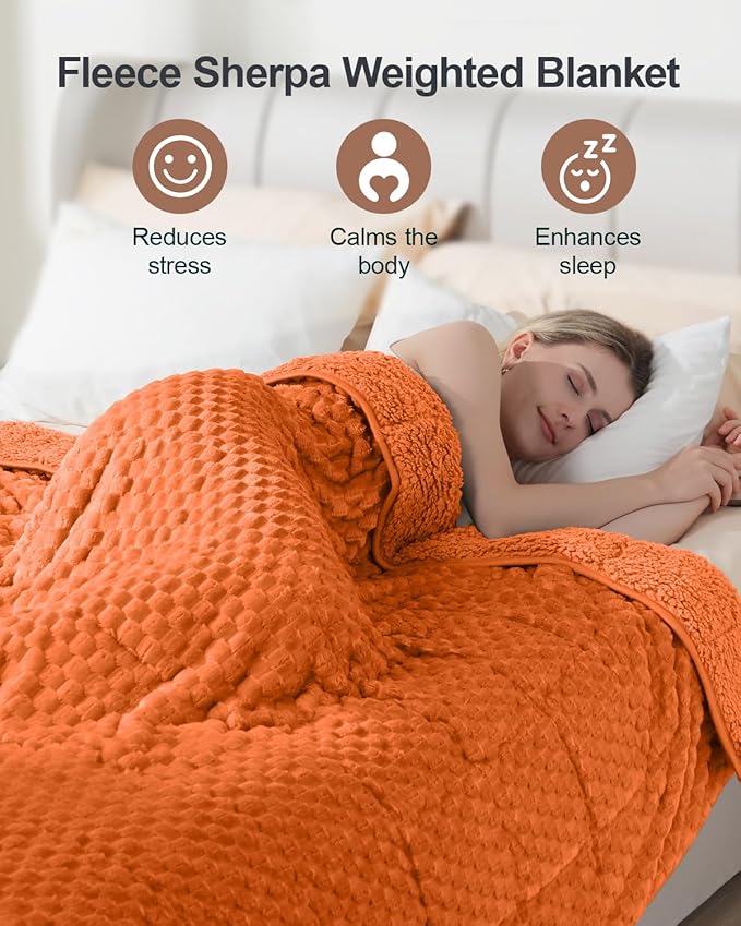 Super Fuzzy Soft Luxury Fleece Sherpa Weighted Blanket 15 lbs for Adults, Turtle Shell Cozy Queen Size Weighted Throw, Ceramic Beads Washable Heavy Blankets for Couch Bed, Orange, 60" x 80"