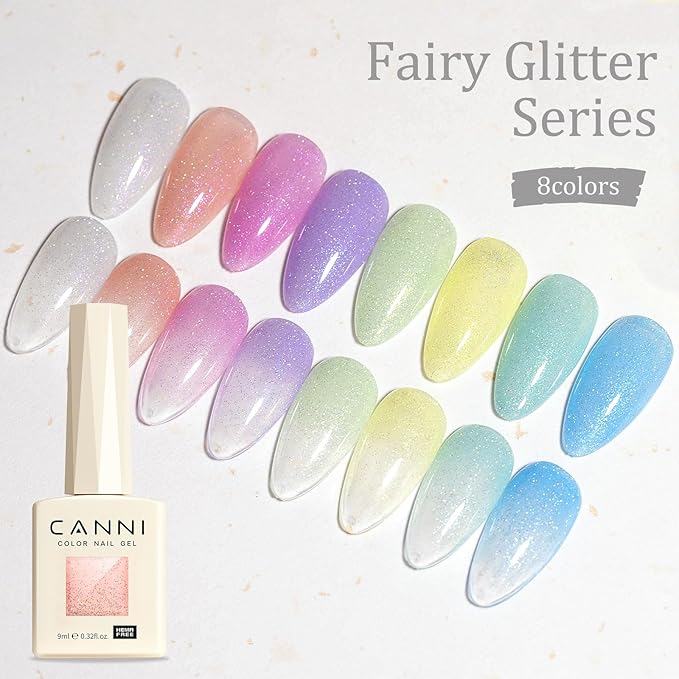 CANNI 8 Pcs 9 ML Glitter Gel Nail Polish Set, Shimmer Sparkly Pink Yellow White Purple Blue Green Colors Gel Polish Kit Soak Off Led Nail Art Gel Manicure Salon DIY Gifts