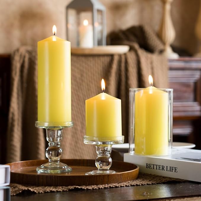 MOZEAL 3" x 6" Hand-Poured Unscented Yellow Pillar Candles,Dripless Candles Set of 3,Long Lasting Burning,Approx 100 Hours Burn Time for Wedding,Dinner,Christmas and Home Decor
