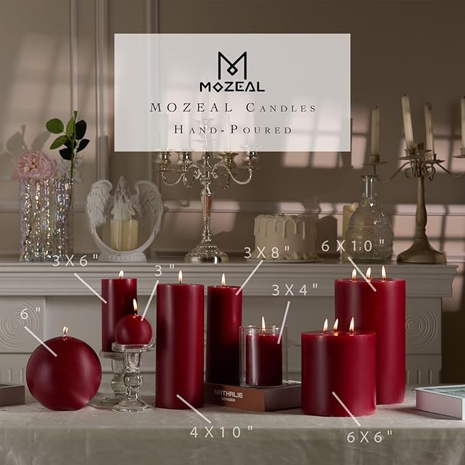 MOZEAL 3" x 8" Hand-Poured Unscented Large Candle,Smokeless Rustic Pillar Candle Set of 2,Slow Burn,No Drip,Approx 150 Hours Burning,Wedding,Dinner,Christmas and Home Decorative,Tall Dark Red Candle