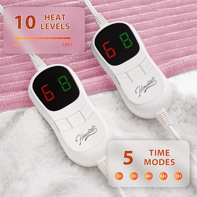 Homemate Electric Heated Blanket Queen Size - 84"x90" Heating Blanket Queen Size Dual Control 1/2/4/6/8 Hours Auto-Off 10 Heat Level Over-Heat Protection Soft Flannel Sherpa ETL Certification