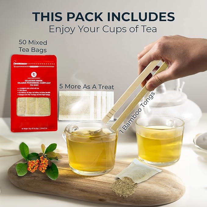 Natural Celastrus Hindsii Tea with Solanum Trilobatum & Stevia - 55 Count (+5 Tea Bags) - 4.59 oz, Bamboo Tong, Re-Steep Herbal Detox Tea Blend for Relax, Energy & Inner Health Support