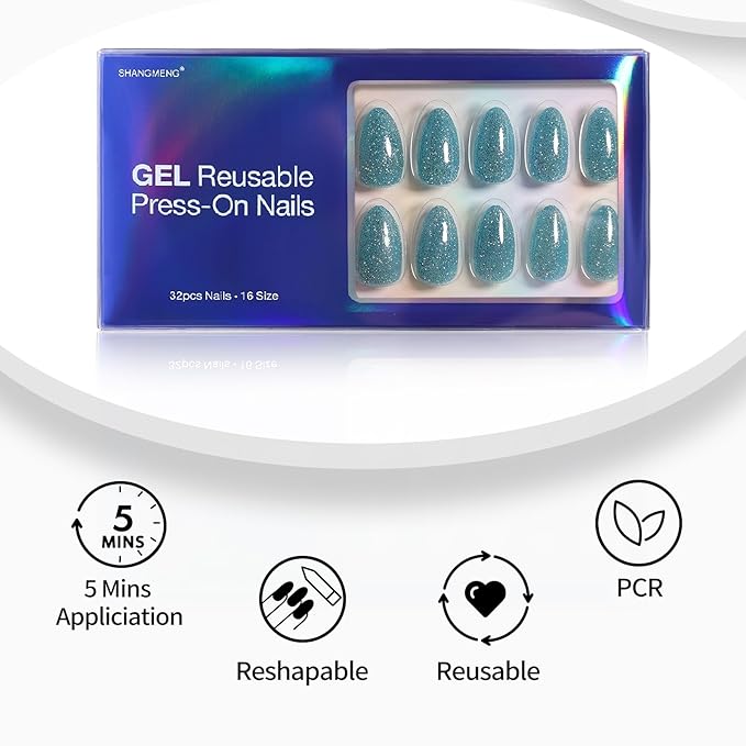 Glitter Peacock Blue Press on Nails Almond Short with Sparkling Diamond - Soft Gel Fake Nails for Women Gift, Glossy Stick On Nails with Glue in 16 Sizes - 32 Reusable Nails, Peacock Blue