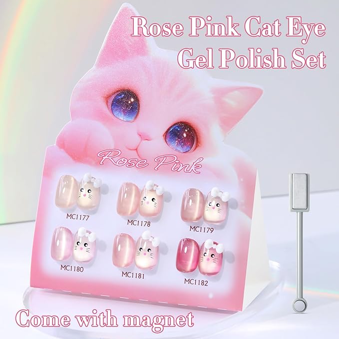 Double Rhythm 6 Colors Cat Eye Gel Polish Set Shimmer Glitter with Magnet Holographic Reflective Magnetic UV Nail Art Kit (6-Kit-51)
