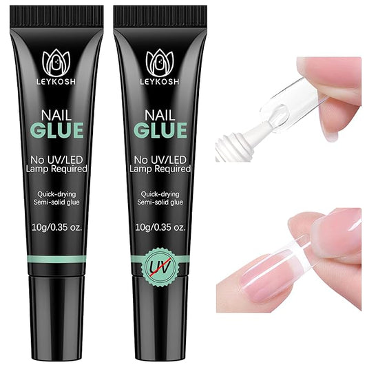 Nail Glue for Press Ons, 10s Fast-Drying No U V Light Needed - Upgrade Super Strong Semi Solid Nail Glue Last Up to 28+ Days & Easy to Remove, 10g*2 High Capacity Suitable for Fake & Acrylic Nail Tips