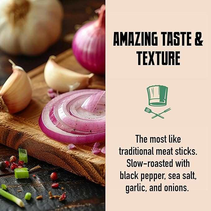 AGRO POWER Vegan Jerky Sticks, Savory Original Plant-Based, 7 Stick Bag with 10g Protein, Non-GMO, 40% Less Sodium, Zero Cholesterol, Meat Alternative, High Protein Snack for Lunch, On-the-Go Fuel