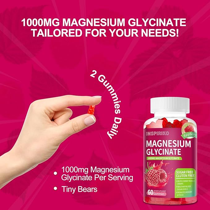 Magnesium Glycinate Gummies 1000mg - Sugar-Free Magnesium Potassium Supplement with Vitamin D, B6, CoQ10 for Adults & Kids,High Absorption for Calm Mood & Sleep Support - 60 Raspberry Gummies