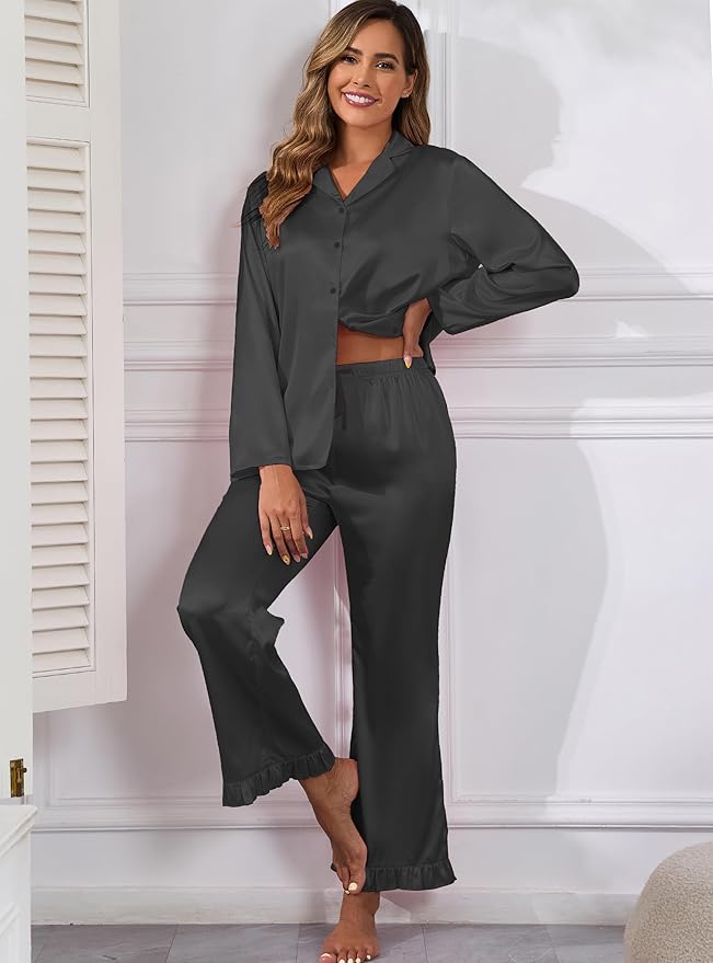 Veseacky Womens Satin Pajama Set Silk Pjs Button Down Long Sleeve Sleepwear Loungewear Sleepwear 2 Piece Pjs Set S-XXL