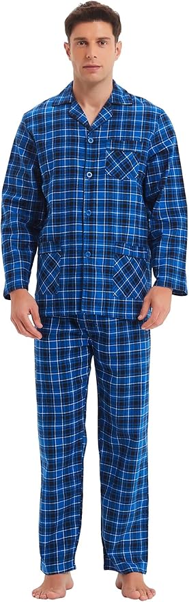 GLOBAL Men's Pajamas Sets 100% Cotton Flannel Sleepwear Long-Sleeve top & Bottom