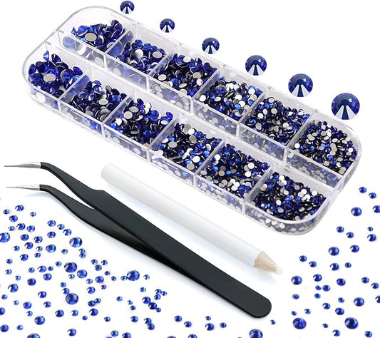 Nibiru 3992 Pieces Art Nail Rhinestones Flat Back Gems Round Crystal Rhinestones 6 Sizes with Pick Up Tweezer Blue