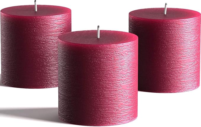 Set of 3 Pillar Candles 3" x 3" Unscented Handpoured Weddings, Home Decoration, Restaurants, Spa, Church Smokeless Cotton Wick - Burgundy