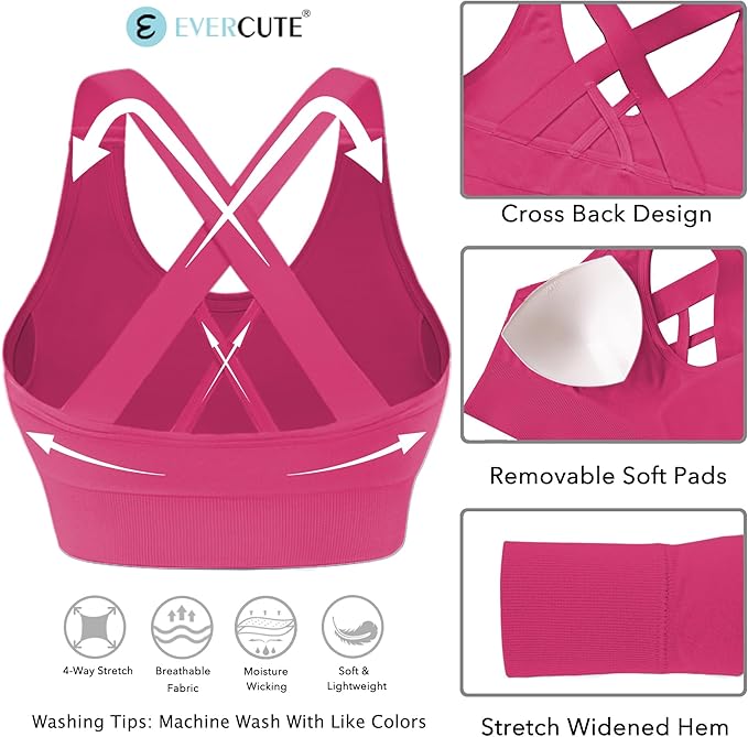 Evercute Sports Bra for Women Padded Medium Support Criss Cross Strappy Bras Seamless High Impact Yoga Exercise Athletic Bras