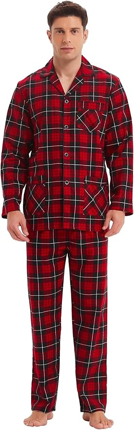 GLOBAL Men's Pajamas Sets 100% Cotton Flannel Sleepwear Long-Sleeve top & Bottom